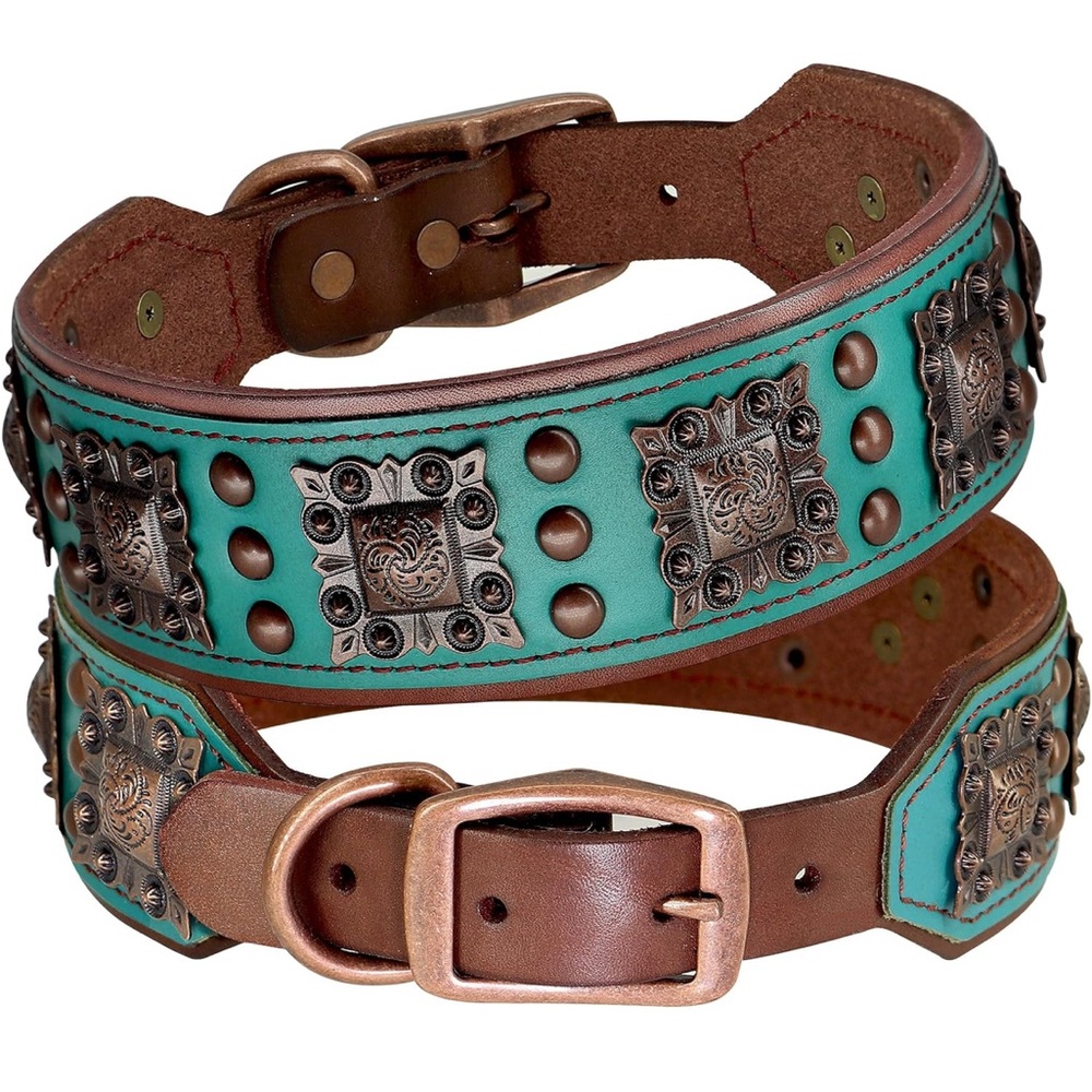 PET ARTIST 2 Inch Wide Sturdy Studded Genuine Leather Dog Collar,Hand Made!